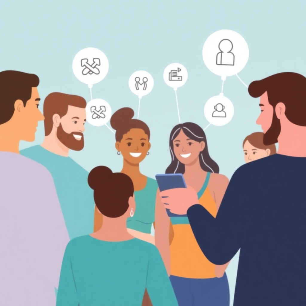 An illustration or photorealistic image of a diverse group of people connecting online, supporting each other through their fitness journeys. The image could incorporate icons that represent a fitness-oriented social network.