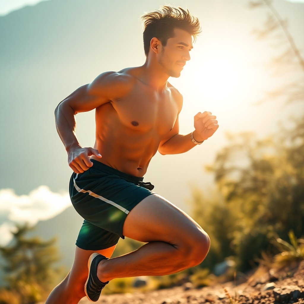 Create a photorealistic, ultra-high-quality 8K resolution image of a person achieving peak fitness, bathed in sunlight. The subject, a muscular athletic individual, is dynamic, possibly mid-stride during a run or executing a perfect yoga pose, embodying strength, flexibility, and vitality. The composition should emphasize a sense of motion and freedom, with a shallow depth of field focusing on the subject.  The color palette should be vibrant and energetic, featuring warm, sun-kissed tones with hints of cool shadows. The camera angle should be slightly low, looking up at the subject, emphasizing their power and grace.  Texture details should be hyperrealistic, showing the sweat on their skin, the texture of their clothing, and the natural environment around them. The environment is a lush, natural setting, possibly a park or a mountain trail, symbolizing health and wellness. Relevant props might include high-quality fitness gear subtly placed within the scene. The style should reference dynamic sports photography and nature imagery. The overall mood is one of empowerment and achievement.  The final image should feel inspiring and motivational, reflecting the brand’s dedication to premium fitness products.