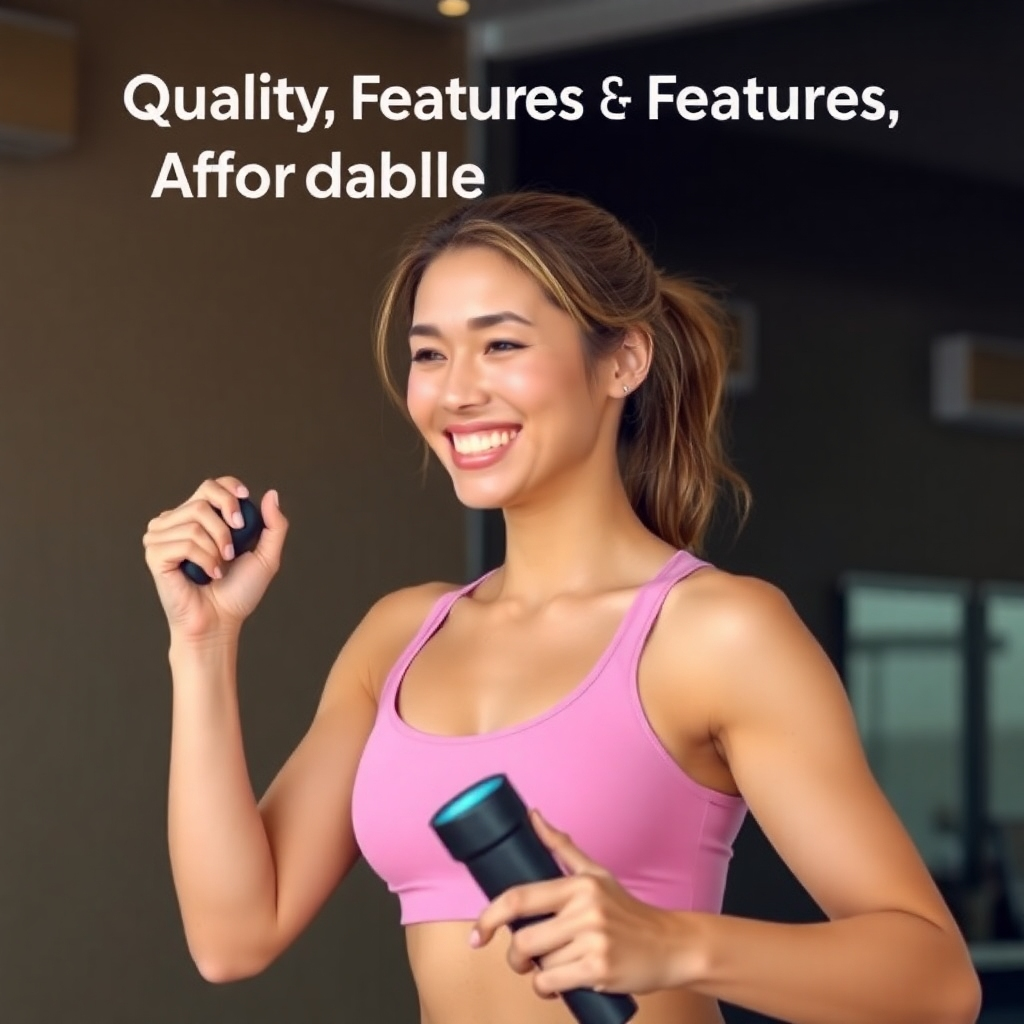 Photorealistic image of a person happily exercising with the products, emphasizing the seamless combination of quality, features, and affordability. The lighting should show the products in the best light. The background should include a modern and sophisticated environment to enhance the feeling of value.