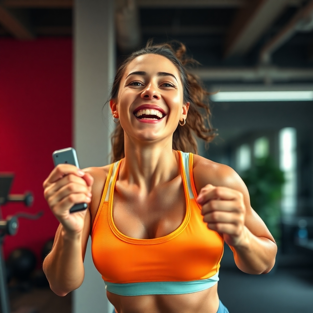  Photorealistic image of a person happily exercising and achieving visible results from using the fitness products. The scene is full of energy and positive vibes, with a bright color palette. The camera angle should capture the feeling of success and accomplishment.