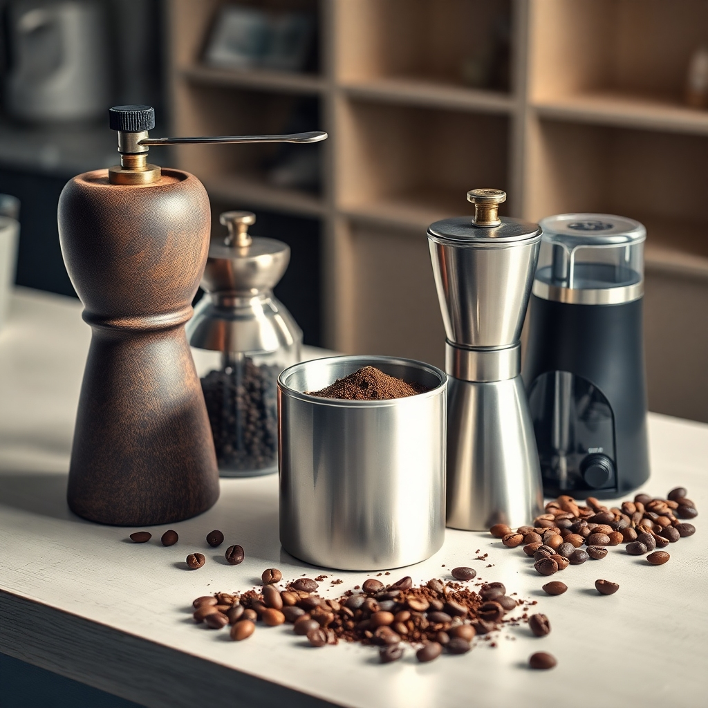 A beautifully arranged table showcasing different types of coffee grinders, including a ceramic grinder, a stainless steel grinder, and an electric grinder, with coffee grounds and whole beans scattered around them.