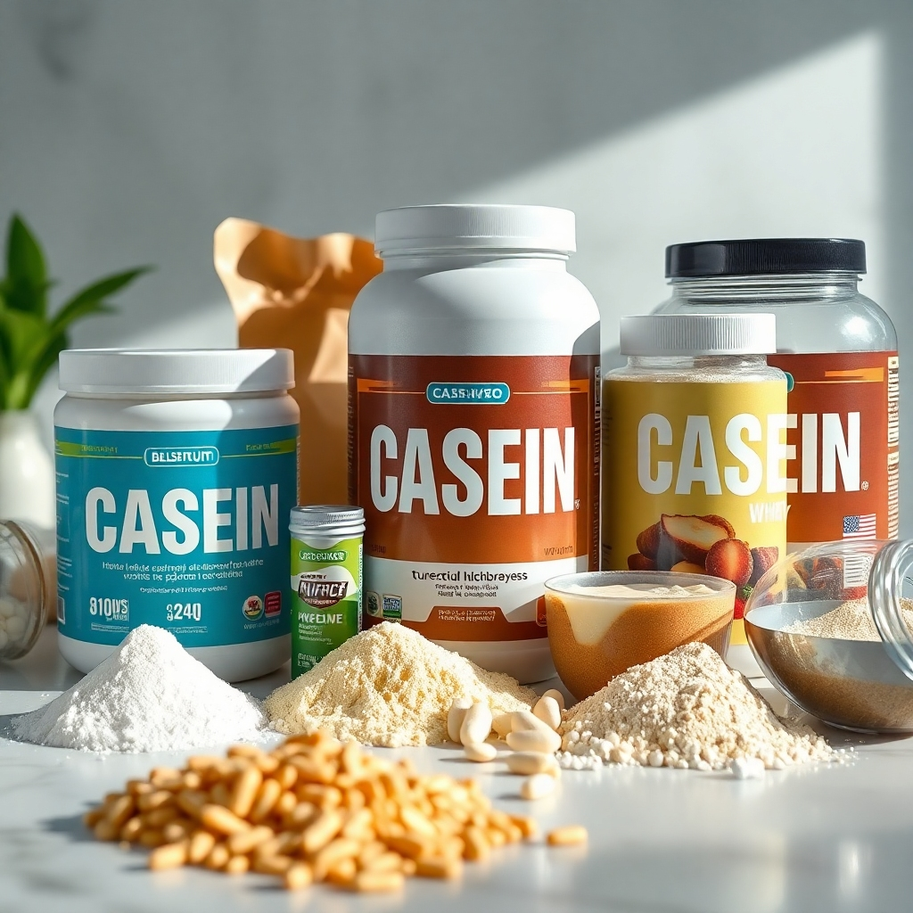 A close-up image capturing various protein supplements, including casein alongside whey, displayed on a clean table. The lighting should reflect the health-focused theme, highlighting the textures and types of protein included. The emphasis should be on high-quality product branding, showcasing the benefits of casein alongside other popular proteins. Technical specs: 4K resolution, high quality.