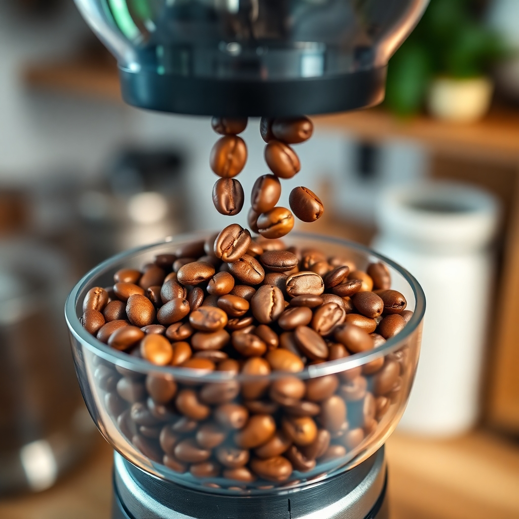 A close-up of freshly roasted coffee beans being poured into a high-quality grinder, with the grinder's intricate details in focus and a softly blurred background of a cozy kitchen setting.