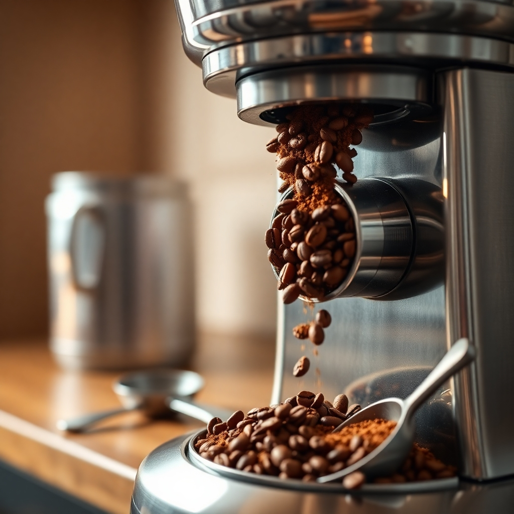 A close-up shot of a high-end coffee grinder in action, showcasing freshly ground coffee beans spilling from the grinder's spout. The scene is illuminated with soft diffused lighting, enhancing the rich browns and earthy tones of the coffee. The grinder is made of polished stainless steel, reflecting light in a captivating way, with intricate details visible on its surface. In the background, a blurred wooden counter adds warmth and contrast to the image. The composition includes a small, stylish scoop beside the grinder, highlighting the artisanal process of coffee preparation. Captured from a slightly elevated angle to allow a view of both the grinder and the beautiful, aromatic coffee grounds, the image conveys a sense of sophistication and love for coffee. In the style of a hyperrealistic photography, the image should be rendered in 8K resolution, showcasing ultra-detailed textures and a cozy, inviting atmosphere.