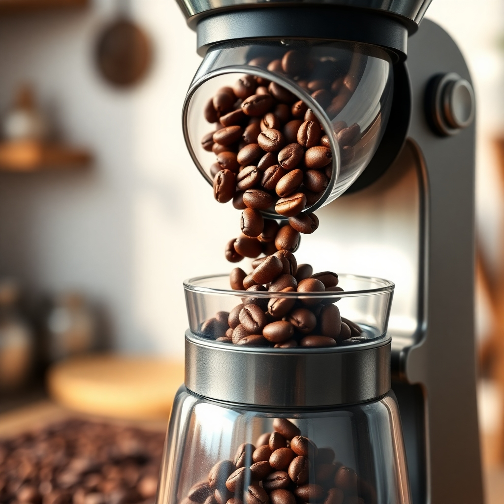 A close-up shot of freshly roasted coffee beans being poured into a high-quality coffee grinder, showcasing the texture and shine of the beans, with soft natural light illuminating the scene and a blurred background of a cozy kitchen.