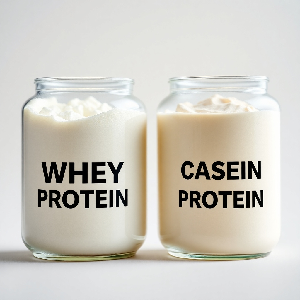 A comparative image showing whey protein and casein protein side by side, illustrating their unique properties. The setting should include two clear containers, one filled with whey protein and the other with casein, against a neutral background. Clear lighting highlights the different textures and colors of the proteins, emphasizing their distinctions. The camera angle should interpret the contrasting nature of these two protein types. Technical specs: 4K resolution, high quality.