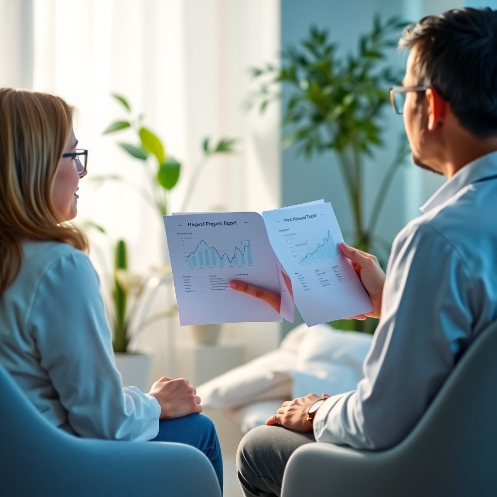 A concept image depicting a doctor reviewing a patient’s progress report with them in a consultation room. The atmosphere is filled with comforting light, with plants in the background enhancing the serene setting. The color scheme consists of calming blues with white accents. The camera is focused on the doctor and patient, capturing an interactive dialogue.