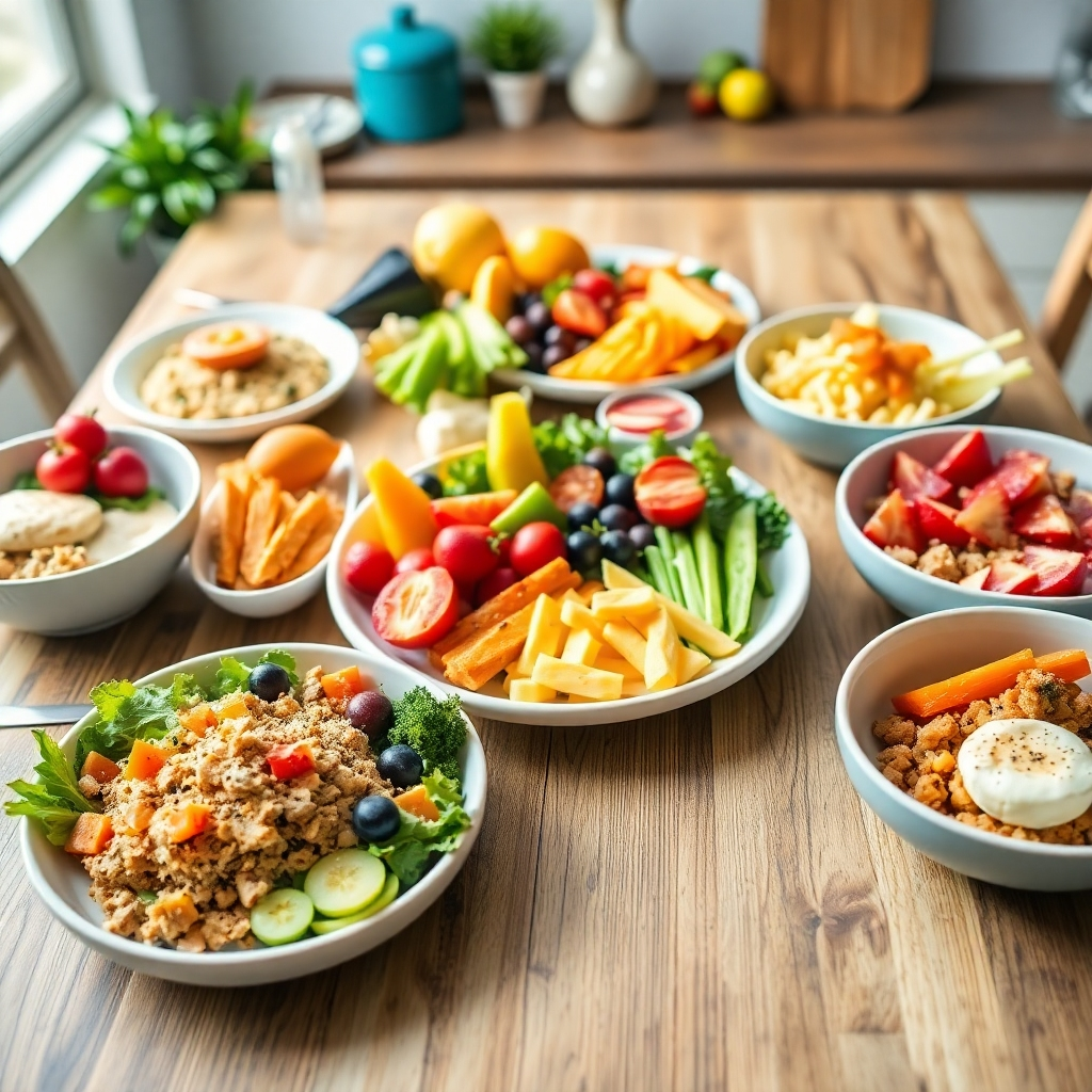 A creative image showcasing a daily meal plan featuring casein-rich foods integrated into breakfast, lunch, and dinner. The focus is on the beautifully presented dishes, with a detailed background of a kitchen table. The lighting is bright and inviting, symbolizing healthy eating habits. The color palette should be vibrant yet balanced, consisting of colorful fruits, vegetables, and casein foods. The camera angle captures the arranged dishes from above, giving a clear view of the variety. Technical specs: 4K resolution, high quality.
