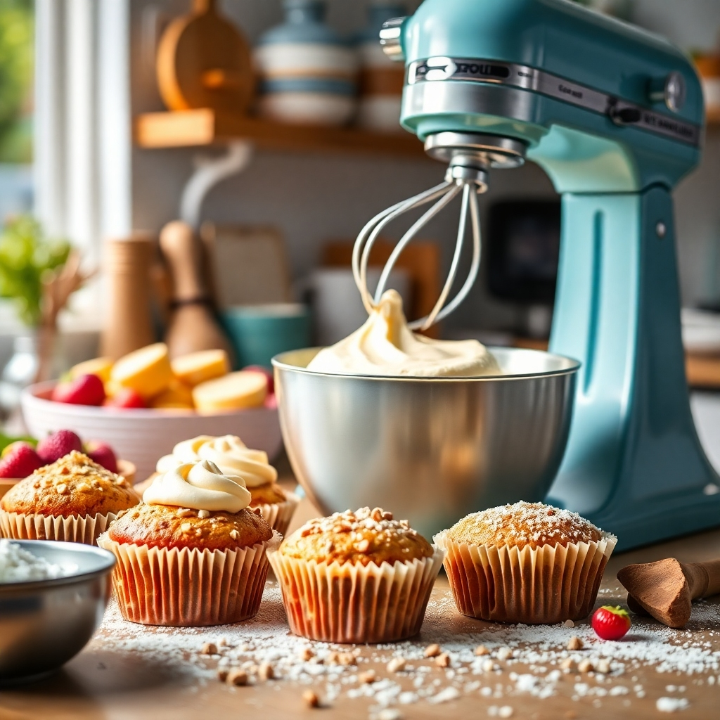 A creative image showcasing baking items where casein is integrated into desserts, like cakes and muffins. The setting should be a lively kitchen with a focus on the baking process. Ingredients should be displayed around, illustrating the use of casein. The lighting should be bright and fun, capturing the joy of baking. The camera angle is focused on the mixing and preparation stage. Technical specs: 4K resolution, high quality.