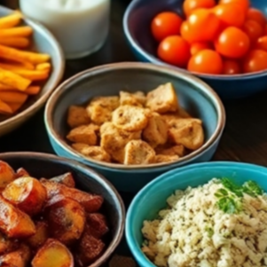 A creative image showcasing various dietary options that include casein. The setting is a stylish dining table with a spread of casein-based dishes from different cuisines, demonstrating flexibility in dietary choices. Bright, vivid colors of the food should catch the viewer's eye, with a variety of textures visible in the meals. The atmosphere is warm and inviting, symbolizing inclusivity and creativity in healthy eating. The camera angle is slightly elevated, offering a panoramic view of the spread. Technical specs: 4K resolution, high quality.