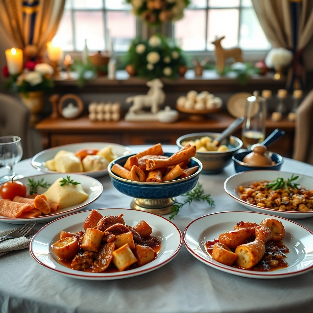 A cultural image illustrating traditional Swedish dishes made with casein, displayed on an elegant table. The background should reflect Swedish heritage with decorations relevant to traditional cuisine. Warm and inviting lighting enhances the richness of the plates. The camera angle should focus on the dishes while highlighting their presentation. Technical specs: 4K resolution, high quality.