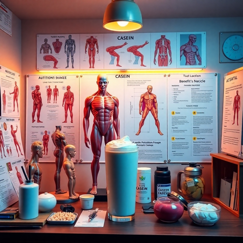 A detailed image illustrating the principles of muscle growth, showing anatomical models and nutritional information surrounding a casein shake. The environment should resemble a professional fitness study space with warm lighting. Various educational props like charts detailing muscle anatomy and casein's benefits should be included. The color palette should be educational, using cool colors to enhance a learning atmosphere. The camera angle should be slightly above eye level for an informative overview. Technical specs: 4K resolution, high quality.