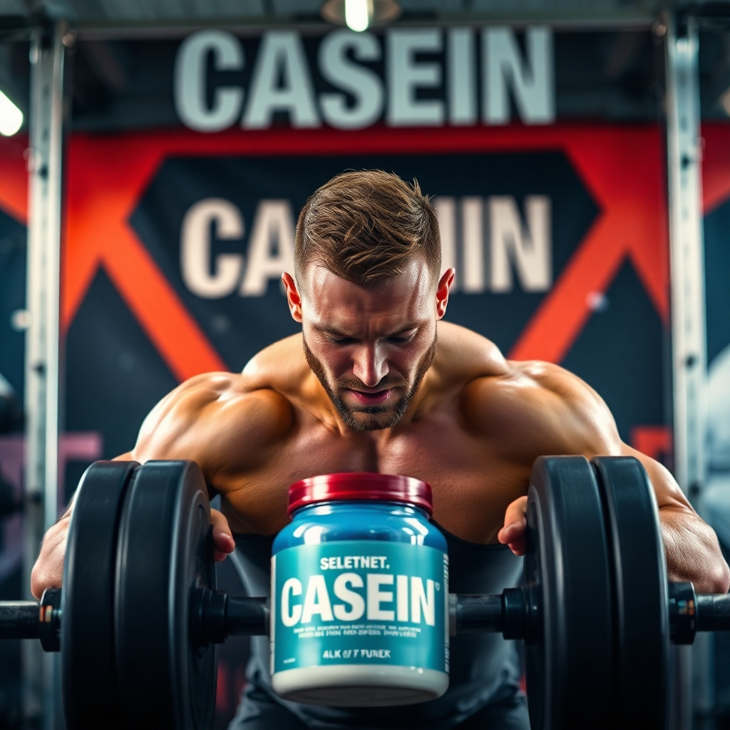 A dynamic image showcasing a weightlifter in action, emphasizing strength training while incorporating casein in their diet. The gym background is vibrant and motivational, with a focus on the weightlifter's intense effort. The lighting should encapsulate a sense of drive and energy, with props like protein containers matching the theme. The camera angle should capture the action from an engaging point of view, allowing the viewer to feel the tension. Technical specs: 4K resolution, high quality.