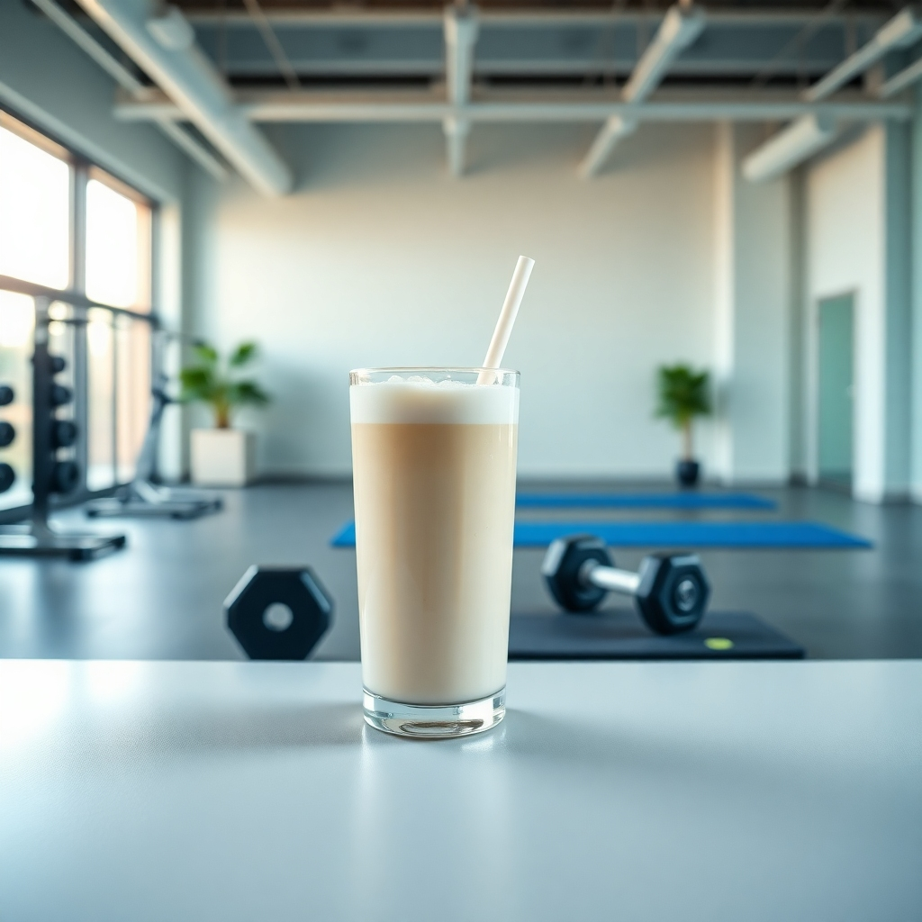 A photorealistic header image for 'kasein.se' showcasing a serene fitness environment. The composition features a well-lit gym with a minimalist design, highlighting a protein shake made with casein on a sleek countertop. The background includes fitness equipment like dumbbells and yoga mats, illuminated by soft, natural light filtering through large windows. The color palette consists of calming blues and greens, symbolizing wellness and tranquility. The camera angle is slightly above eye level, giving a spacious feel to the scene. The texture of the shake is creamy, emphasizing its rich consistency. This image should evoke feelings of health and vitality, appealing to those interested in wellness through casein training. Technical specs: 8K resolution, hyperrealistic.