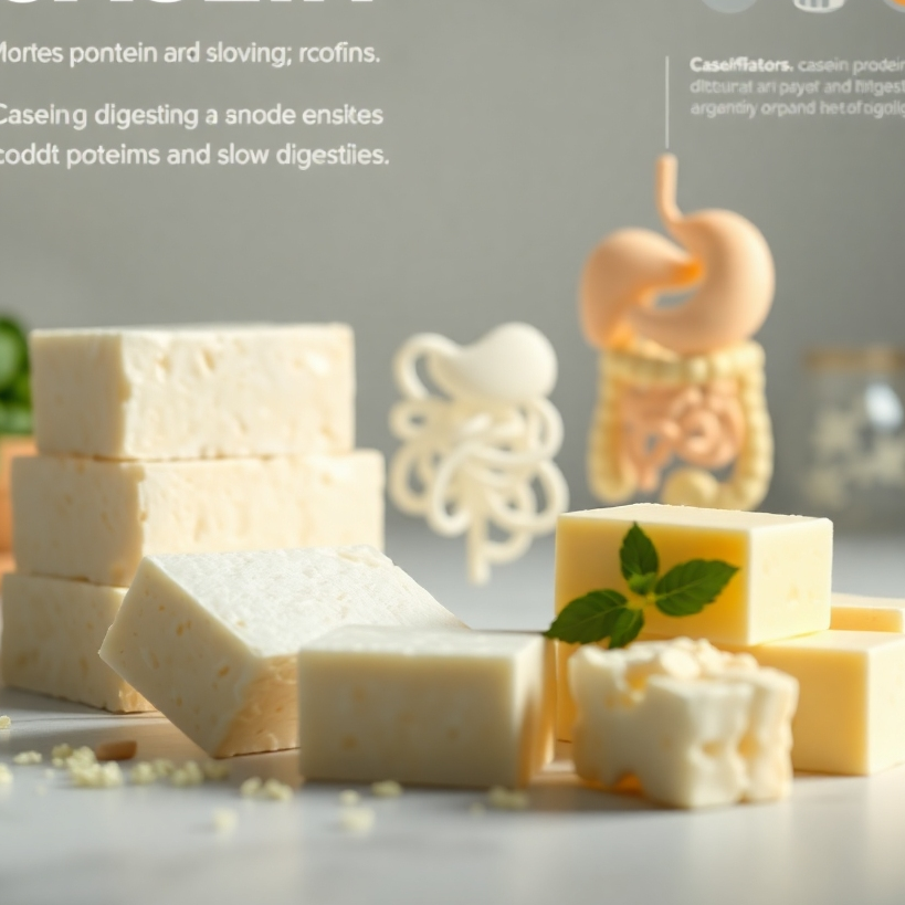 A photorealistic image demonstrating casein's unique properties. The setting should depict casein protein blocks and a digestive model showcasing the slow digestion process. Soft ambient lighting will blend well with the natural colors of the food items present. Educational elements like infographics about casein's benefits should be subtly integrated into the background. The camera angle is slightly lower, focusing on the proteins being highlighted. Technical specs: 4K resolution, high quality.
