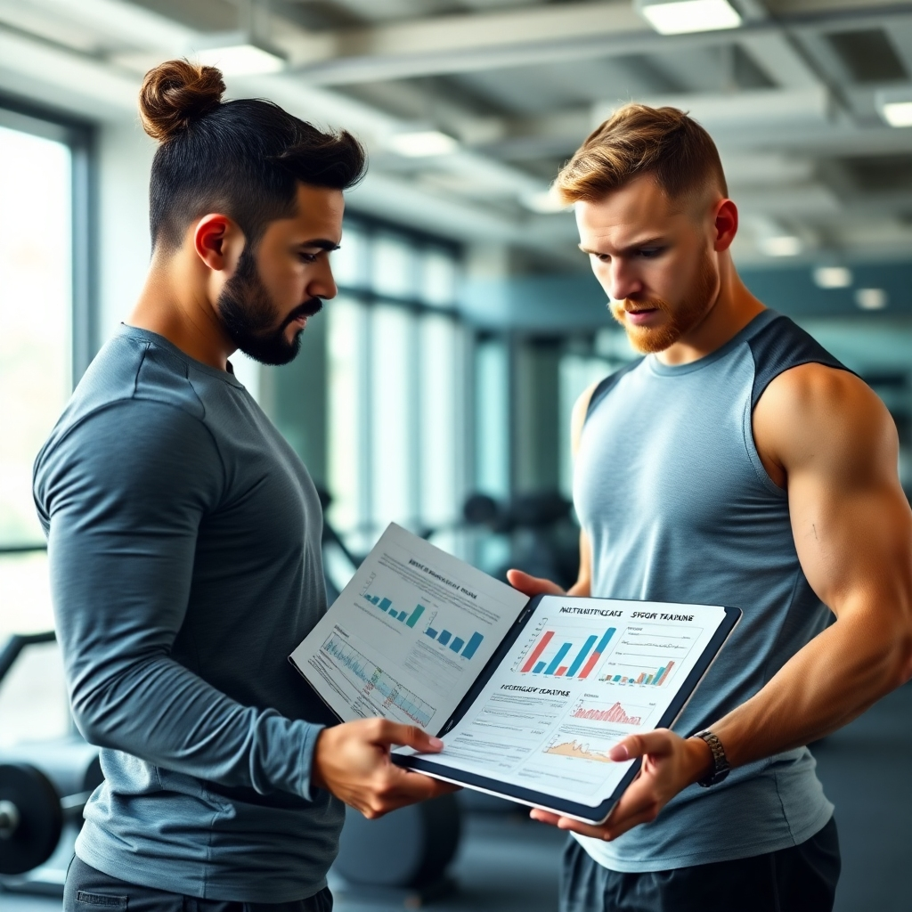 A photorealistic image featuring a personal trainer discussing a workout plan with a client in a modern gym environment. Charts and dietary plans are visible on a tablet, emphasizing the nutritional aspect of the training. The lighting is soft and professional, with a stylish backdrop enhancing the scene's appeal. The focus should be on collaboration and success. The color palette includes calming blues and greens to promote a sense of wellness. The camera angle is eye-level, capturing the discussion's sincerity. Technical specs: 4K resolution, high quality.