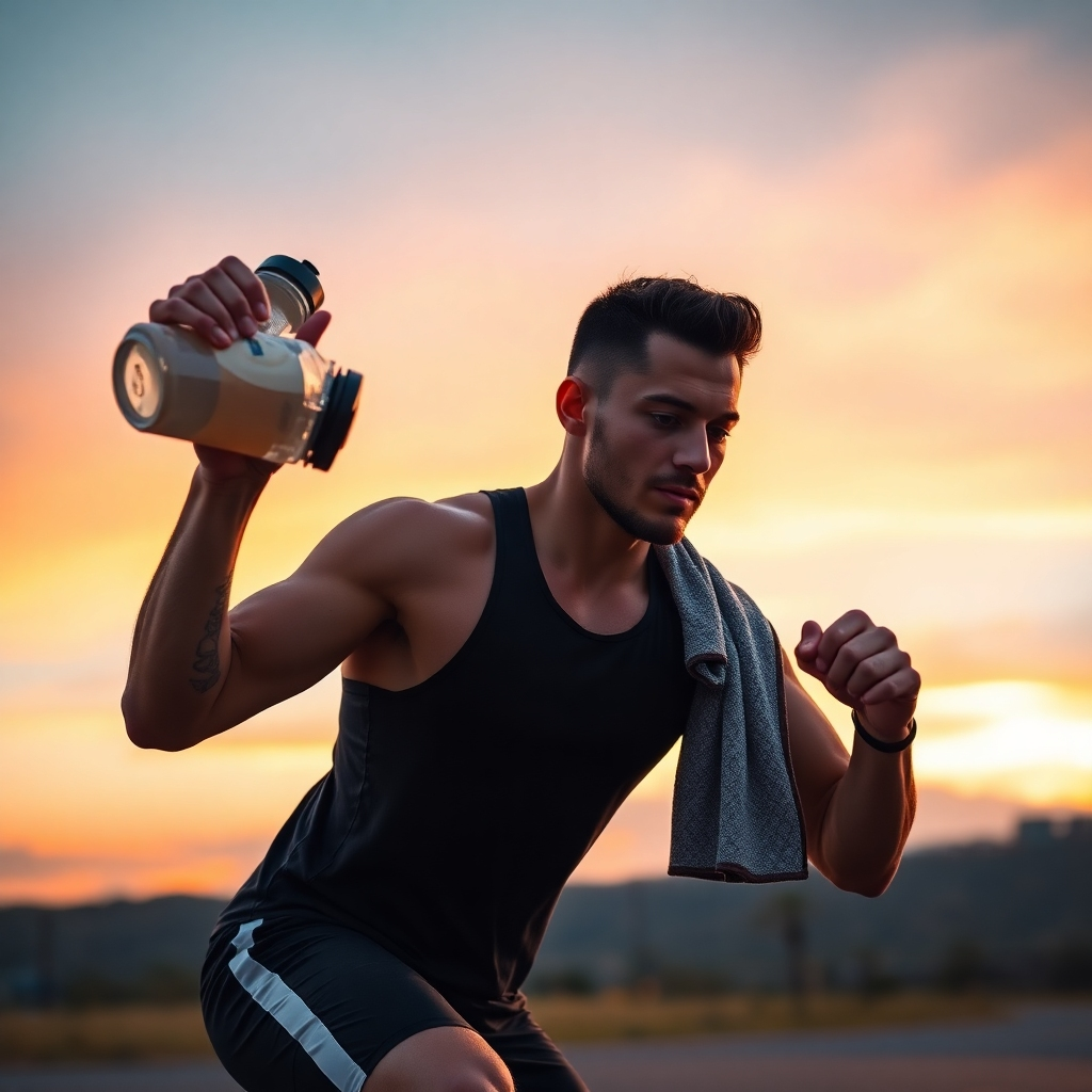 A photorealistic image focusing on training strategies with a casein supplement. The setting is an outdoor workout environment at sunrise, featuring a fit individual engaged in exercise, seamlessly integrating a casein shake into their routine. The colors of dawn illuminate the scene, symbolizing new beginnings and vitality. Props include a water bottle and a towel, reinforcing the active lifestyle theme. The camera angle is slightly lower than eye level, emphasizing the subject in action. Technical specs: 4K resolution, high quality.