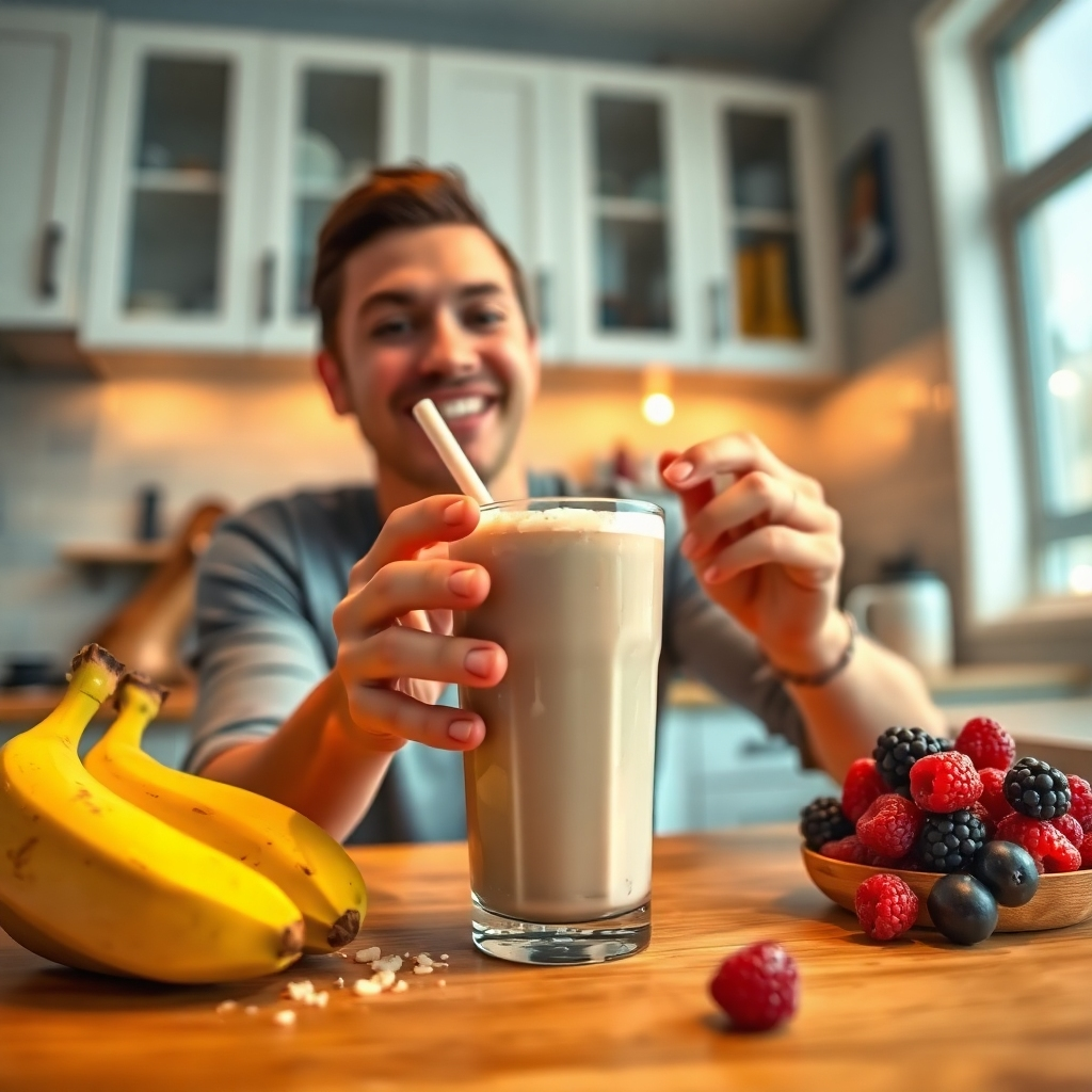 A photorealistic image illustrating the benefits of casein. The setting is a cozy kitchen with a person enjoying a casein protein shake, displaying satisfaction and health. Warm lighting highlights the shake's creamy texture, while fresh ingredients like bananas and berries are artistically arranged on the counter. The color palette features soft earthy tones to emphasize a natural and healthy lifestyle. The camera perspective is eye-level, focusing on the interaction between the person and the shake. Technical specs: 4K resolution, high quality.