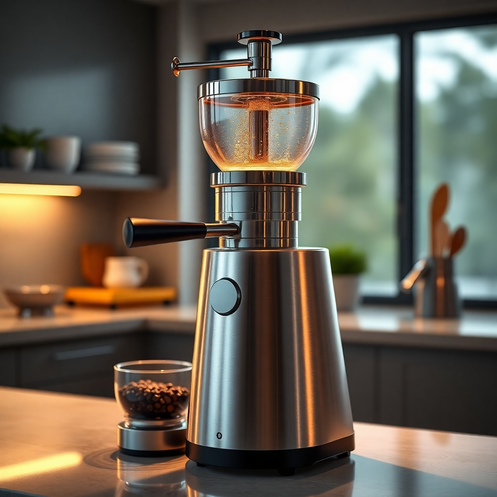A photorealistic image of a high-end coffee grinder made of stainless steel and elegant design, set in a modern kitchen environment. Include a glowing effect around the grinder to emphasize its quality and durability.