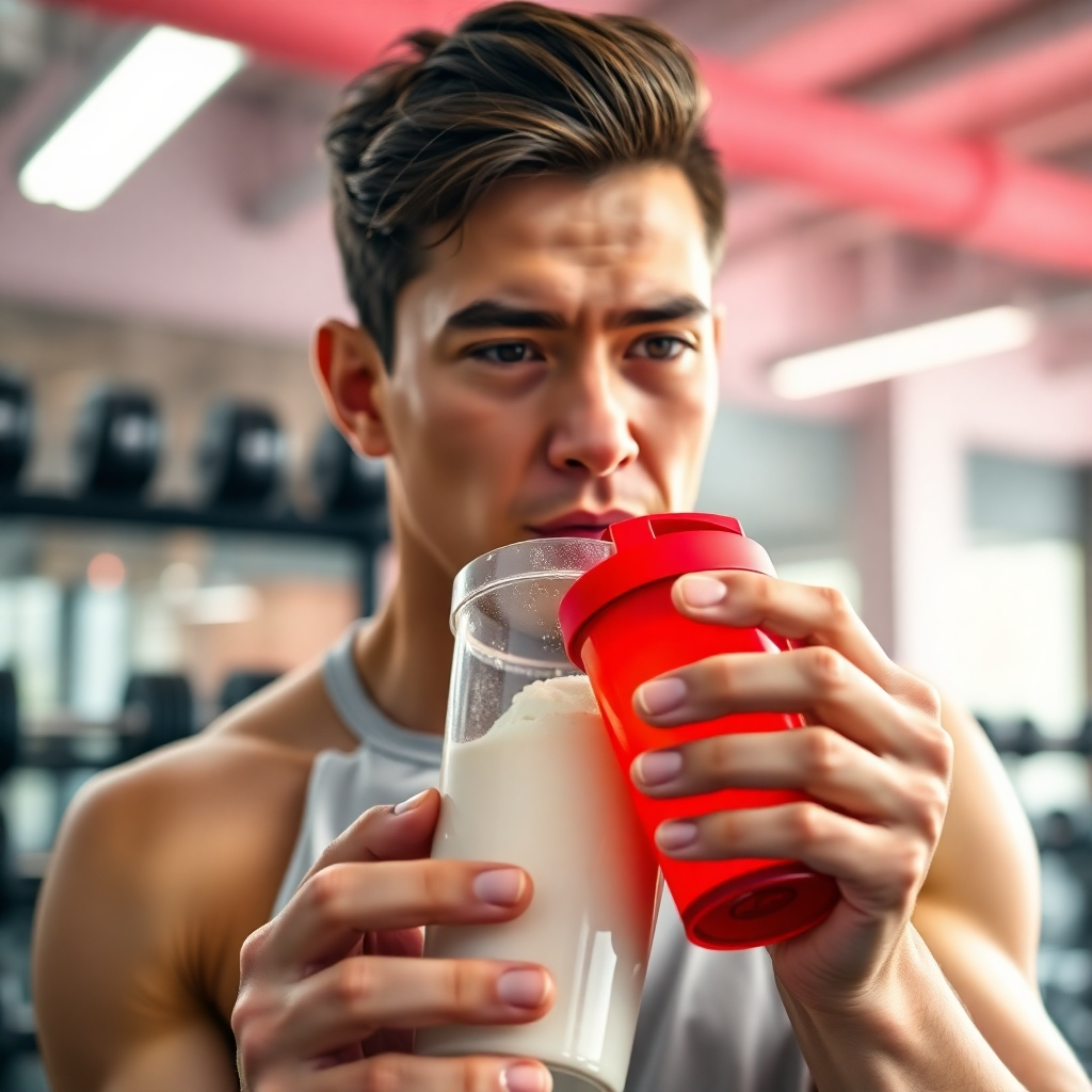 A photorealistic image of a person enjoying a casein recovery shake immediately after a workout. The scene features a sleek shaker cup with protein powder in a bright gym setting, showcasing weights in the background. The lighting is dynamic, focusing on the intense post-workout glow of the individual. The color palette includes energizing reds and whites, representing strength and recovery. The camera angle is at eye level, focusing on the person savoring their shake. Technical specs: 4K resolution, high quality.