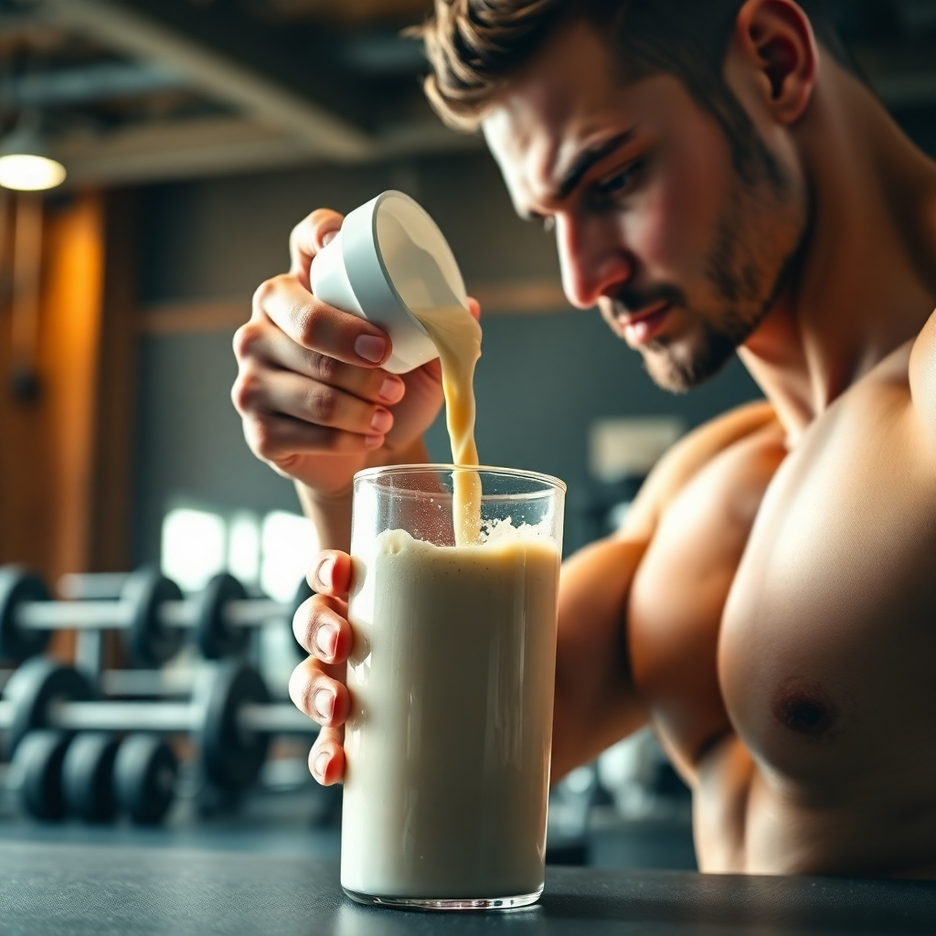 A photorealistic image of an athlete preparing a casein shake before an intense workout. The background features a gym with natural lighting, highlighting weights and training tools. The rich texture of the shake is captured as it is poured into a shaker, creating a dynamic action shot. The warm and energizing color palette emphasizes focus and dedication. The camera angle is close, showing emotion and preparation before the workout. Technical specs: 4K resolution, high quality.