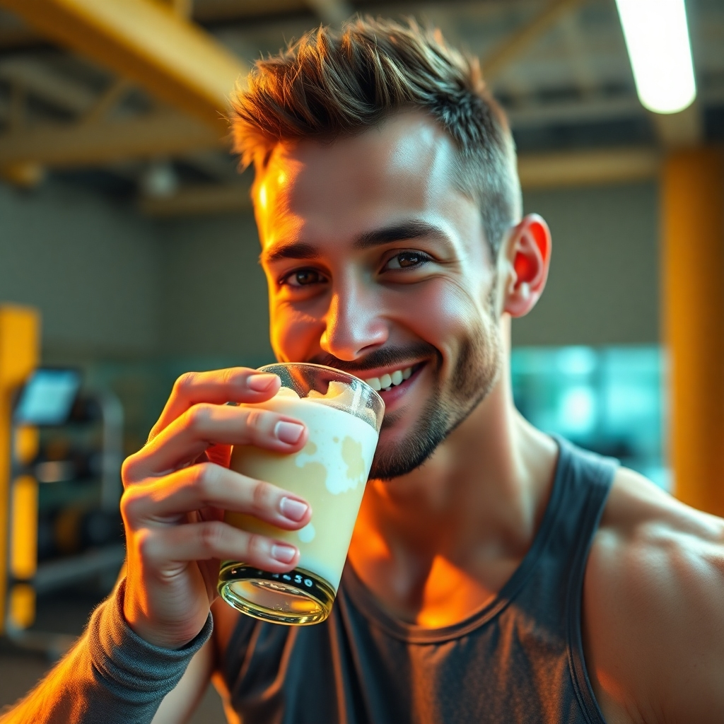 A photorealistic image portraying the benefits of casein after a workout. The scene focuses on a satisfied athlete sipping a post-workout casein shake in a bright, motivating gym environment. Warm light highlights textures of the shake and the person’s satisfied expression. The color scheme includes energizing tones to promote the idea of recovery and fitness. The composition should emphasize health and vitality, with the camera angle at eye level capturing the moment's essence. Technical specs: 4K resolution, high quality.