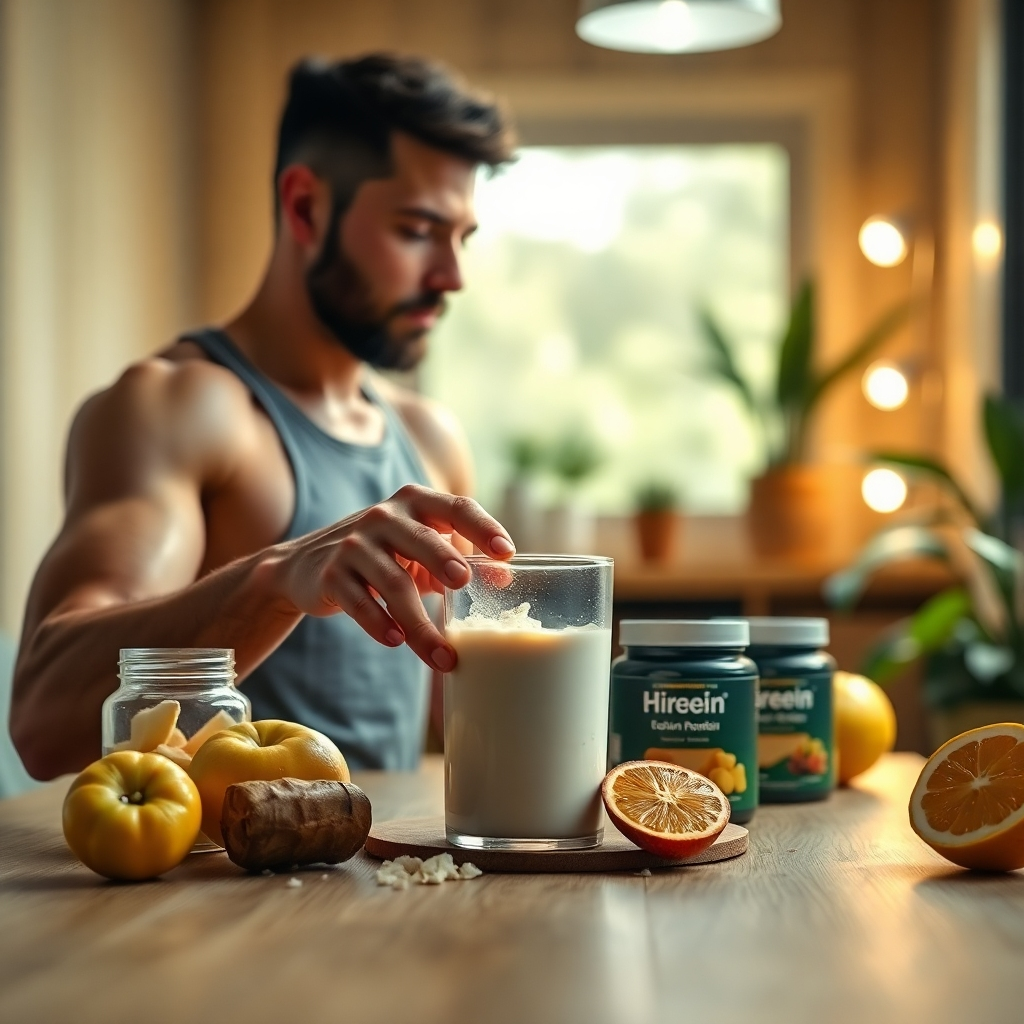 A photorealistic image representing the company's mission around 'all about Casein training'. The focus is on a peaceful training session in an inviting home gym. Soft ambient lighting creates a warm atmosphere, while a person is shown preparing a casein shake in the foreground, surrounded by protein powder containers and fresh fruits. The color palette should be warm and inviting, with light wood textures and soothing greens in the environment. The camera angle showcases the action of preparing a shake with attention to the texture of the protein powder and the ingredients, emphasizing a lifestyle of wellness and fitness. Technical specs: 4K resolution, high quality.