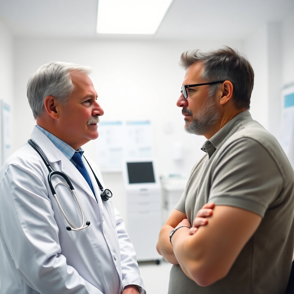 A photorealistic image showing a doctor with a stethoscope discussing treatment options with a patient. The setting is a modern clinic with charts and medical equipment visible. The lighting is bright and focused, emphasizing the doctor's professionalism and the patient's attentiveness. The colors are soft, with white walls and gentle blue accents, creating a calming atmosphere. The camera angle is slightly angled to capture both faces in a engaging manner.