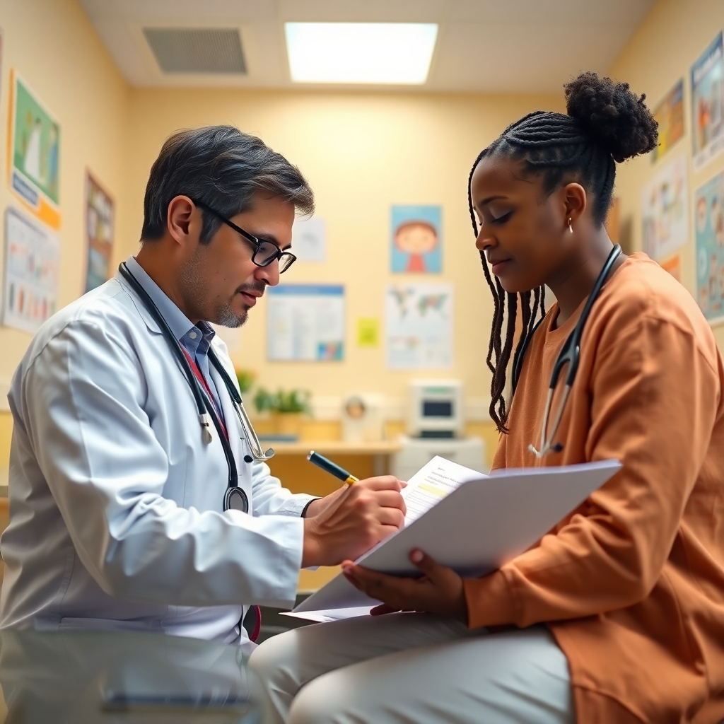 A photorealistic scene where a doctor is filling out a patient care plan, interacting closely with a patient. The environment is filled with friendly decor and various health posters on the walls. Soft, diffused lighting creates a relaxed vibe. The color palette consists of light yellows and whites, indicating warmth and safety. The camera angle is positioned at a slight angle to capture both the patient’s engaged expression and the doctor's focus.