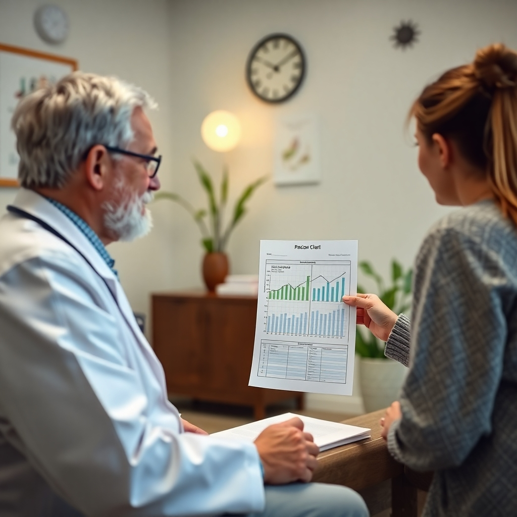 A scene depicting a follow-up consultation between a doctor and a patient reviewing progress charts. The environment is peaceful with soft lighting and healing decor. The color palette includes calming shades of green and white. The camera angle captures both individuals in conversation, showcasing the doctor’s attentiveness.