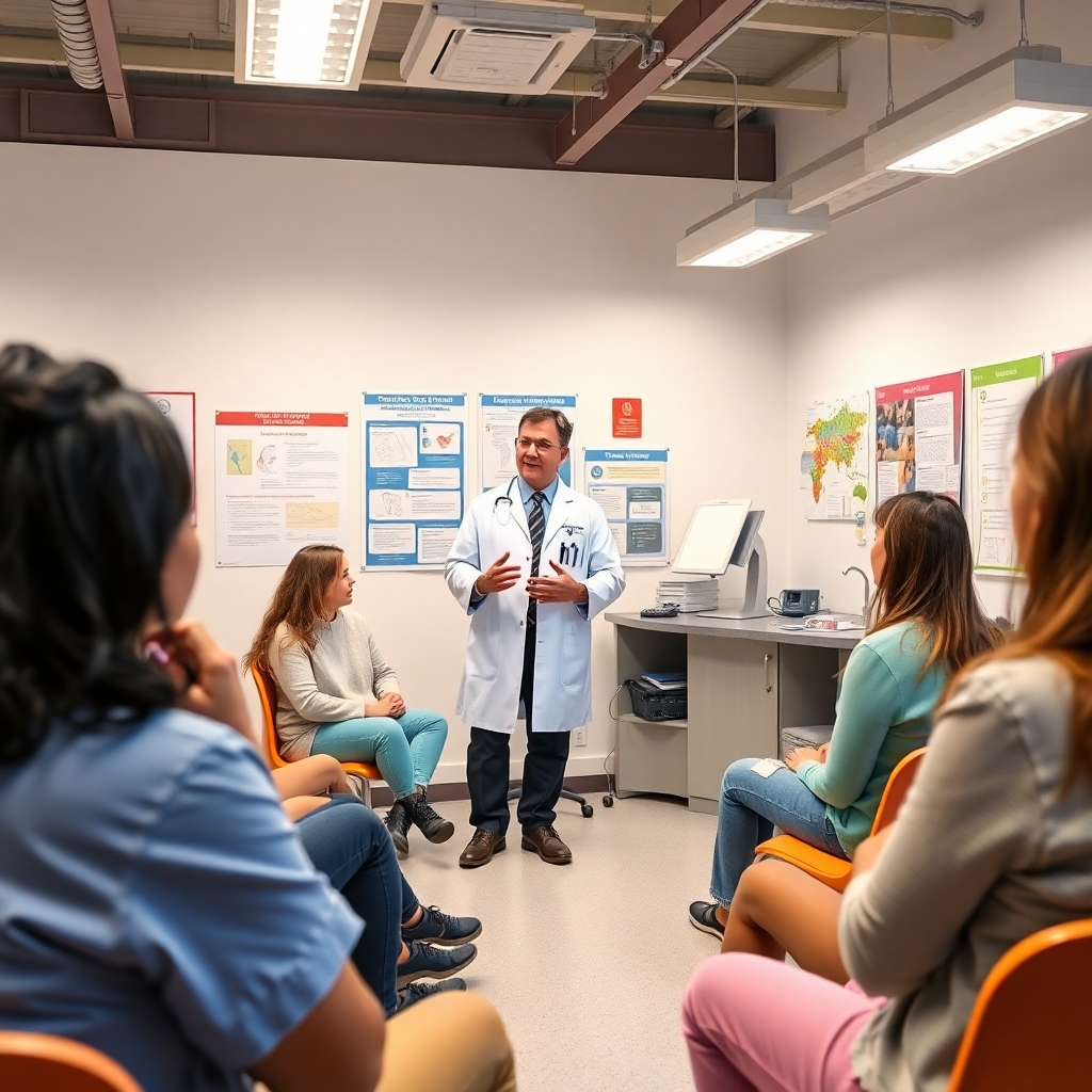 A scene where a doctor is conducting an informative session with a group of patients. The environment is well-lit, with educational materials and posters. The layout encourages interaction and engagement. The color palette includes bright hues to promote energy and knowledge, with the camera focusing on the doctor as they passionately explain treatment strategies.