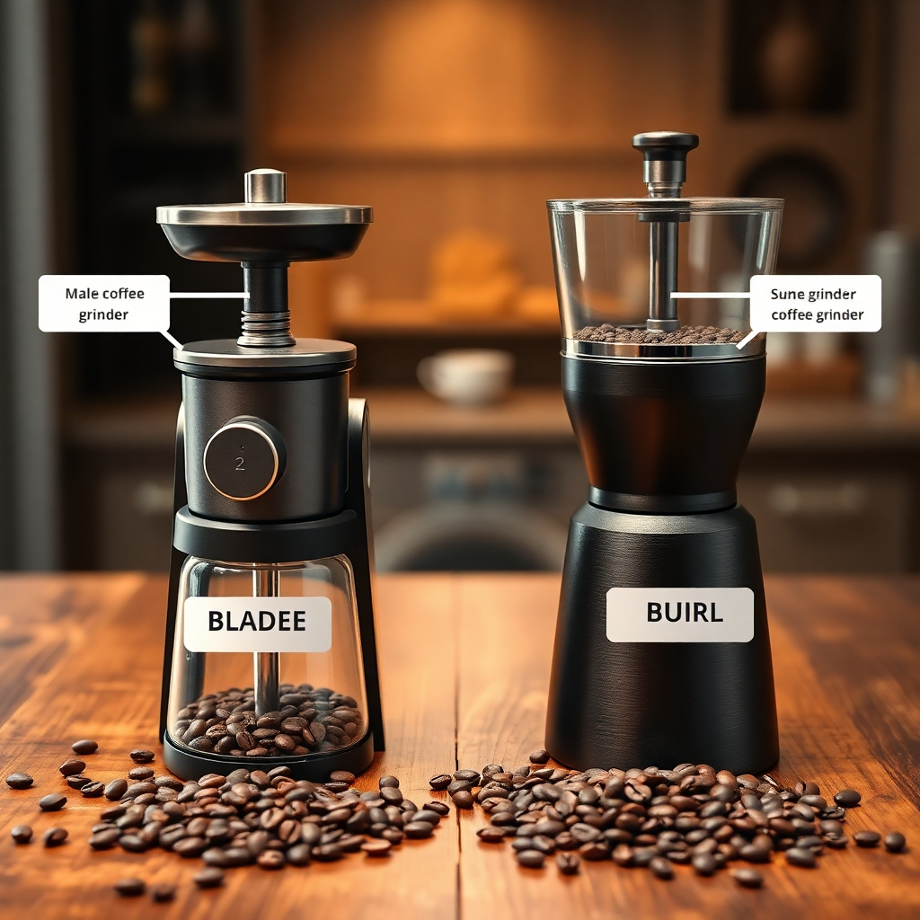 A side-by-side comparison image of a blade coffee grinder and a burr coffee grinder on a wooden table, with labels indicating each type, and a variety of coffee beans scattered around to emphasize their differences.