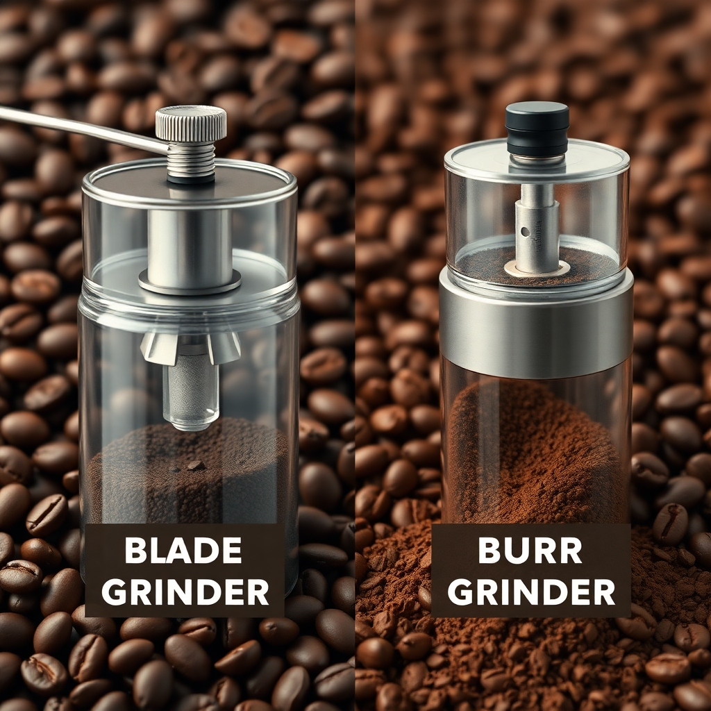 A side-by-side comparison of a blade coffee grinder and a burr grinder, showcasing their different designs and coffee grounds output. The image should include labels indicating which is which, with a rich coffee bean background.