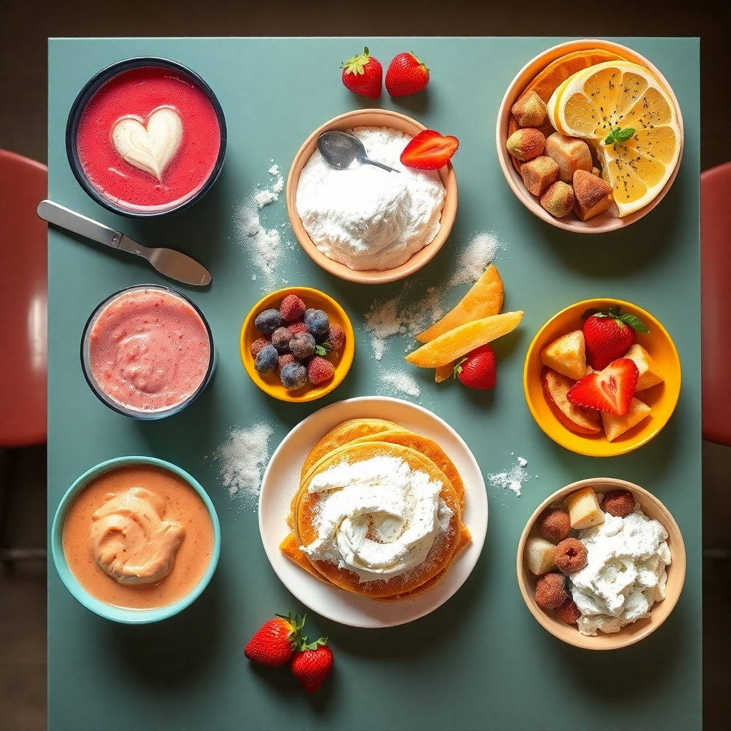 A stylized image showcasing various techniques of incorporating casein into a diet. The composition includes visually appealing bowls of foods with casein, like smoothies, pancakes, and snacks, arranged attractively on a well-lit table. Bright colors contrast the white of the casein powder, making the scene vibrant and engaging. The environment should be modern and clean, with a focus on nutritional balance and health. The camera angle is from above, capturing the entirety of the meal spread. Technical specs: 4K resolution, high quality.