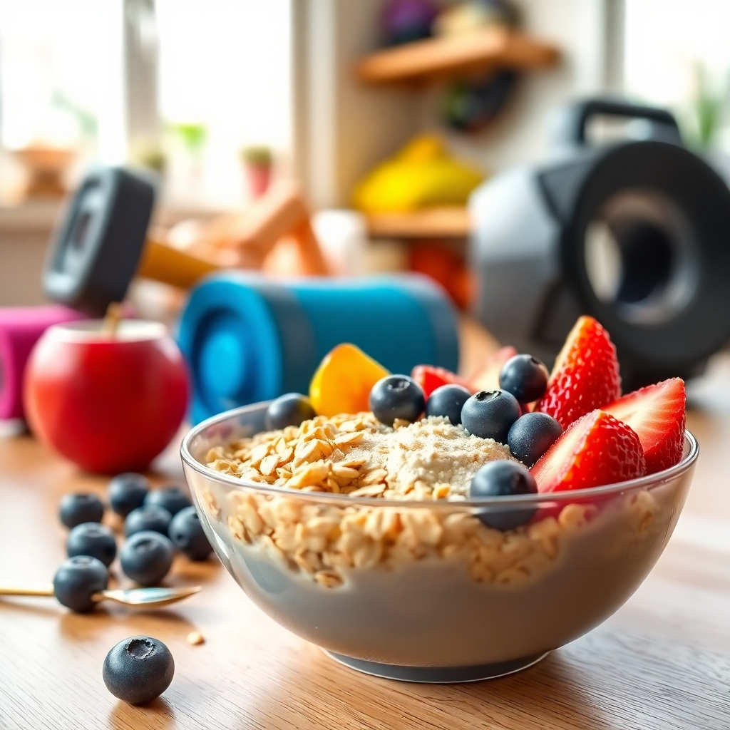 A vibrant image of a pre-workout meal featuring casein-rich foods. The setting is an inviting kitchen with a close-up on a bowl filled with oats, casein protein powder, and fruits. Natural light illuminates the meal, revealing the textures of each ingredient. The background includes fitness equipment casually placed, suggesting an active lifestyle. The color palette is bright and energizing, with a focus on fresh, healthy ingredients. The camera angle captures the meal from the side, highlighting the layers of foods. Technical specs: 4K resolution, high quality.