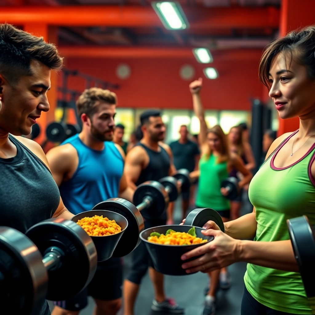 A vibrant image of a workout group engaged in lifting weights with a clear focus on post-workout meals featuring casein. The setting includes excitement and energy, captured through dynamic activity. The bright colors of gym wear and equipment should create a visually stimulating environment. The atmosphere conveys motivation, teamwork, and dedication. The camera angle focuses on the individuals in action, highlighting their efforts. Technical specs: 4K resolution, high quality.