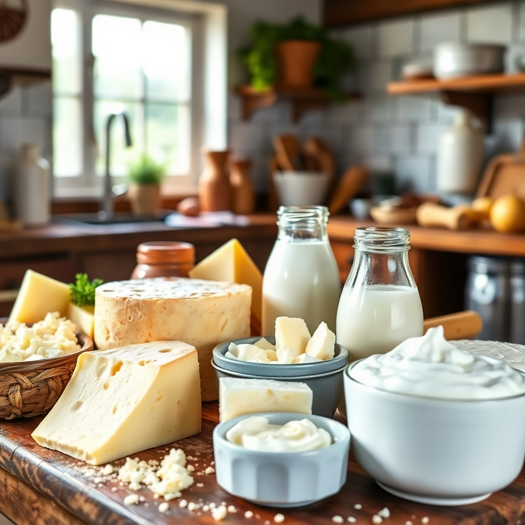 A vibrant image showcasing various dairy products rich in casein, including cheese, milk, and yogurt. The setting should feature a rustic kitchen with natural light, emphasizing the freshness of the ingredients. Different textures of the products should be highlighted, making the scene appetizing and inviting. The camera angle should capture an overview of the dairy products displayed, inspiring healthy eating choices. Technical specs: 4K resolution, high quality.