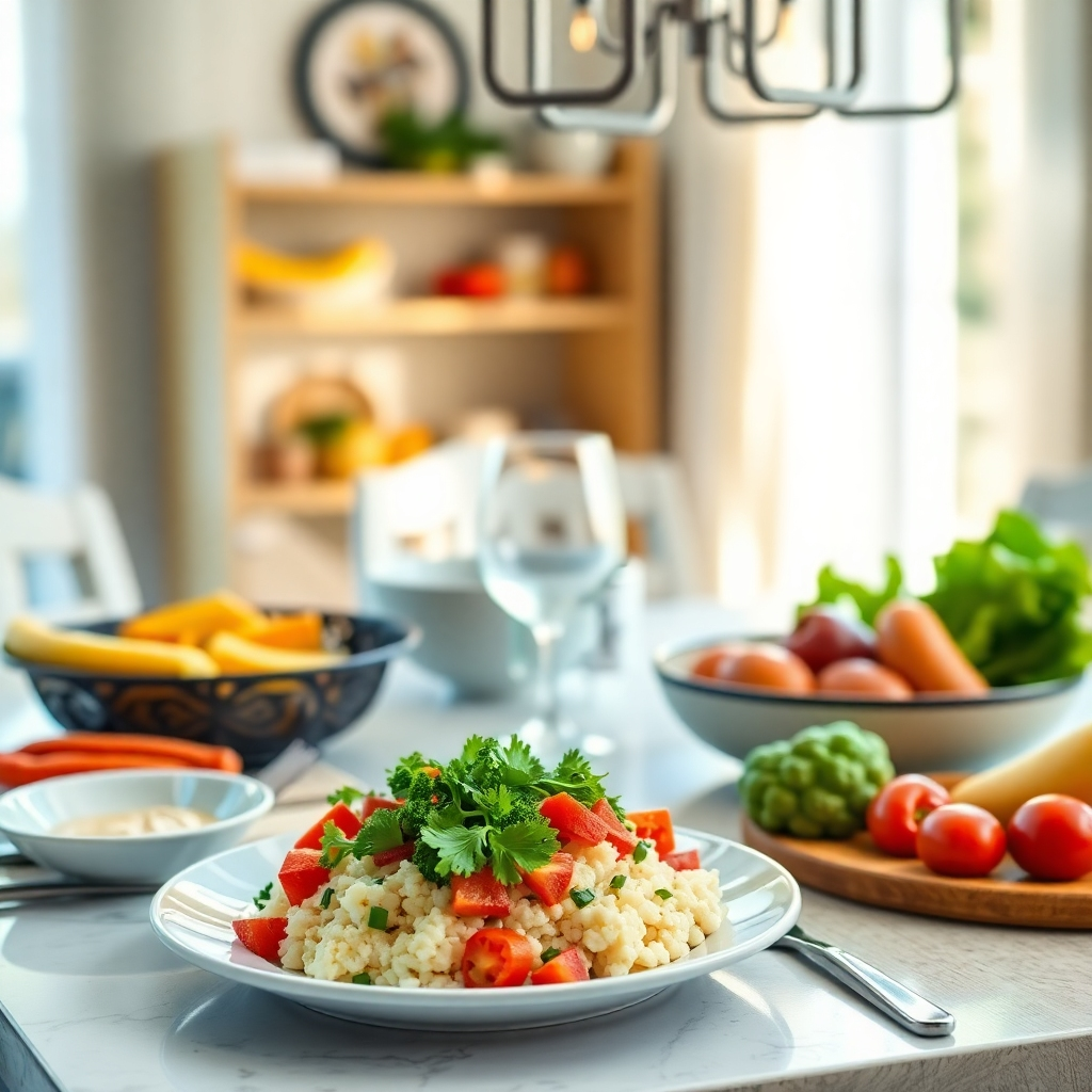 An appealing image visually representing a balanced meal featuring casein. The setting is a beautifully arranged dining table with an array of colorful foods, including a casein-rich plate. Bright, natural lighting enriches the colors of the meal. The camera angle should provide an inviting view of the meal, encouraging healthy eating choices. Technical specs: 4K resolution, high quality.