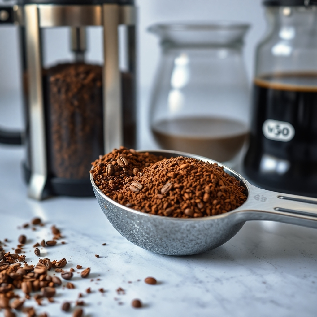 An artistic shot of a measuring spoon filled with different textures of coffee grounds, from coarse to fine, placed next to various coffee brewing devices like a French press, espresso machine, and drip coffee maker.