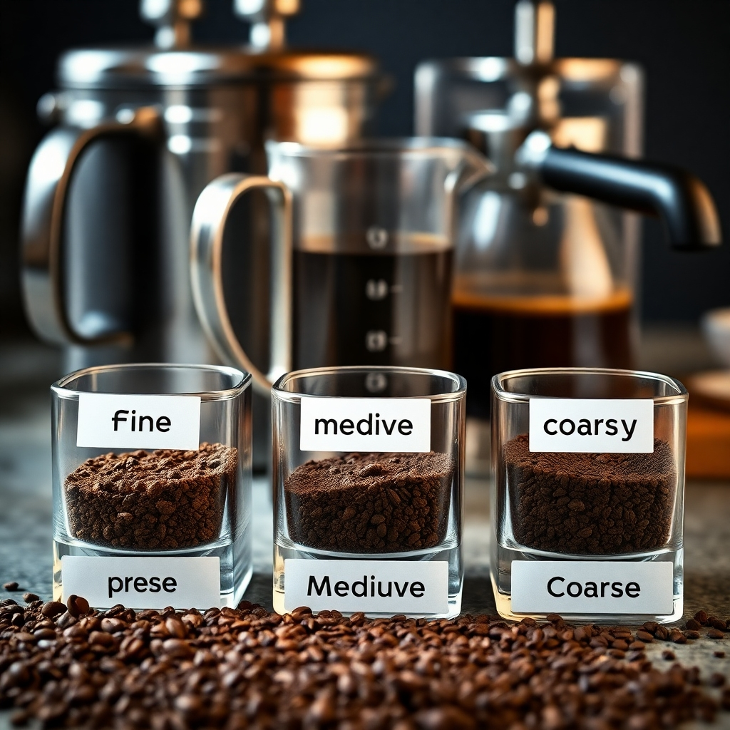An artistic shot showing coffee grounds of various coarseness levels in small glass containers labeled 'fine', 'medium', and 'coarse', with a french press and an espresso machine in the background, highlighting the brewing methods.