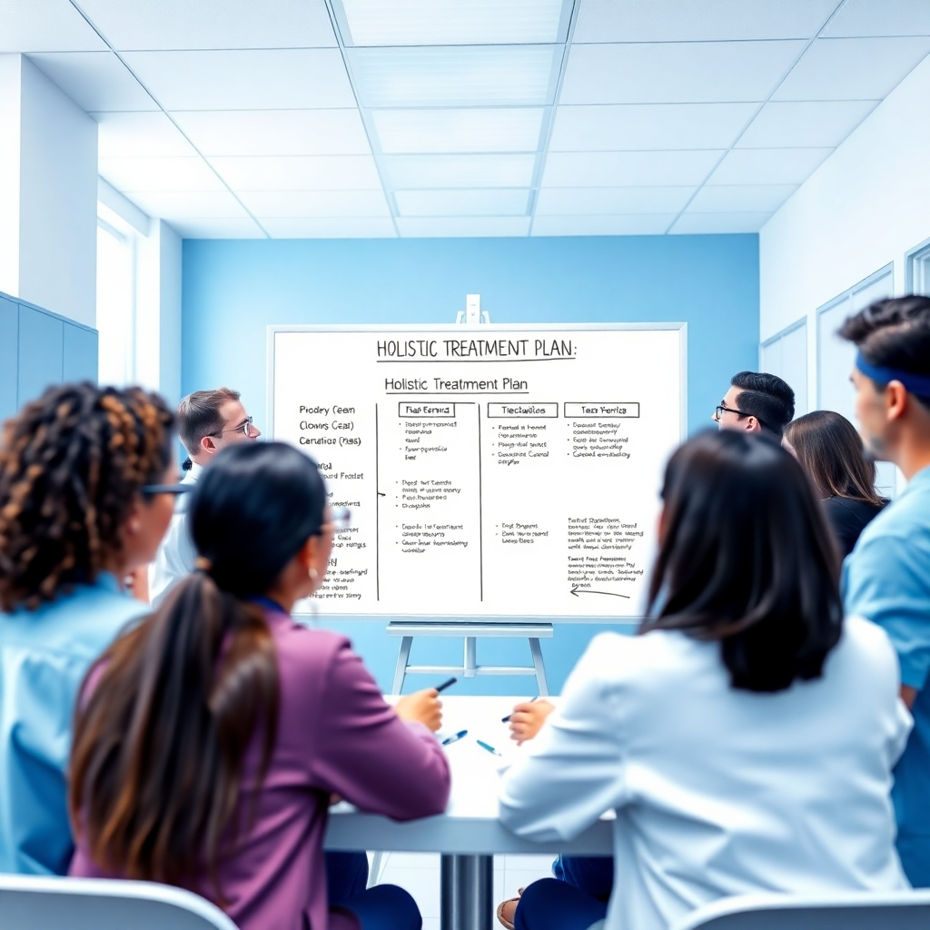 An artistic visual depicting a holistic treatment plan on a whiteboard during a team meeting. The environment is bright and collaborative, filled with healthcare providers discussing patient care. The color palette is vibrant with blues and whites, promoting a sense of teamwork. The angle is slightly elevated to capture the energy and interaction among the team.