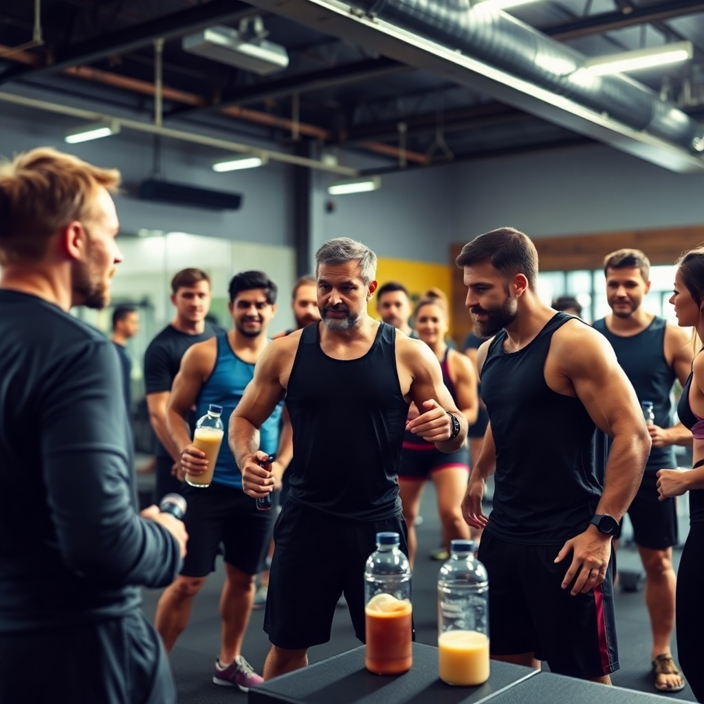 An energizing image showing a training session where a team is guided through a high-intensity workout, with a focus on post-workout recovery. The scene should have a backdrop of an action-packed gym with individuals supporting each other. The lighting should be bright, showcasing enthusiasm and motivation among the individuals. Props include water bottles and protein shakes visibly around, creating a sense of camaraderie and teamwork. The camera angle gives a wide view of the training, adding dynamism. Technical specs: 4K resolution, high quality.