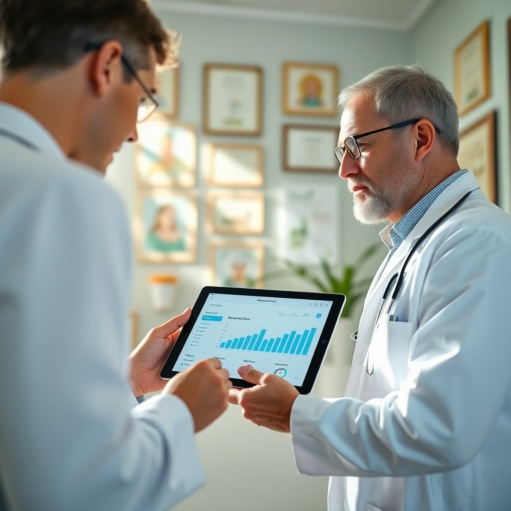 An engaging image featuring a doctor explaining treatment options to a patient using a digital tablet. The background reveals a clinical space filled with healing imagery and diplomas. Natural light flows in, creating warm highlights. The colors are a mix of soft whites and greens, representing health and vitality. The camera angle captures the tablet screen showing graphs and progress tracking.
