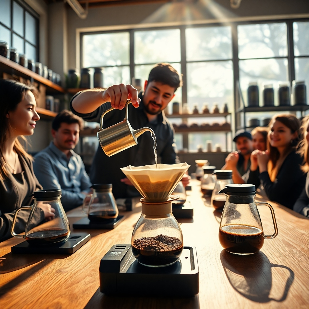 An engaging scene of a coffee workshop environment, featuring a skilled barista demonstrating brewing techniques to a small group of eager participants. The setting is bright and airy, with sun rays streaming through large windows, illuminating various coffee brewing equipment on a long wooden table. The color palette includes warm and inviting tones, with accents of deep blacks and rich browns from the coffee materials. The barista is mid-action, pouring water over freshly ground coffee in a stylish pour-over setup, creating a mesmerizing waterfall effect. Participants are captivated, with expressions of curiosity and excitement. The camera angle is slightly low, emphasizing the dynamic brewing process while capturing the entire atmosphere of the class. The background includes shelves filled with coffee beans in jars, enhancing the authenticity of the setting. This image is designed to be ultra-detailed and in 8K resolution, exuding a cozy yet professional coffee culture vibe.