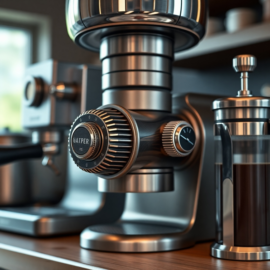 An image showing a close-up of a burr grinder with dials and settings for grind size, alongside different coffee brewing equipment like an espresso machine and a French press. Highlight the versatility of the grinder.