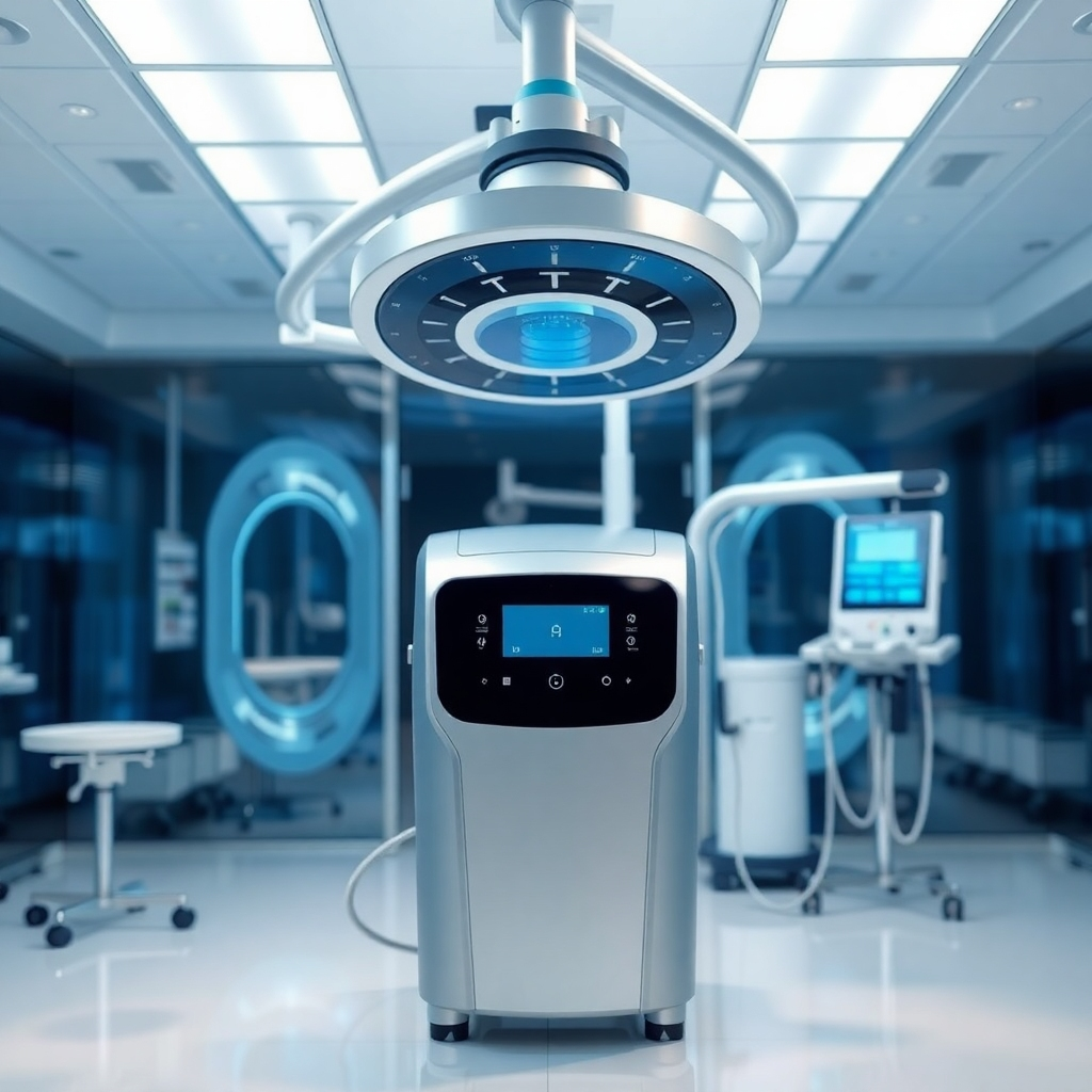 An introduction to advanced medical technology in a clinical setting, focusing on a specific treatment device used for edema therapy. The surrounding environment is sterile but visually appealing, highlighting innovation. The lighting is bright with metallic accents. The color palette combines cool shades of blue and silver, emphasizing technology and science.