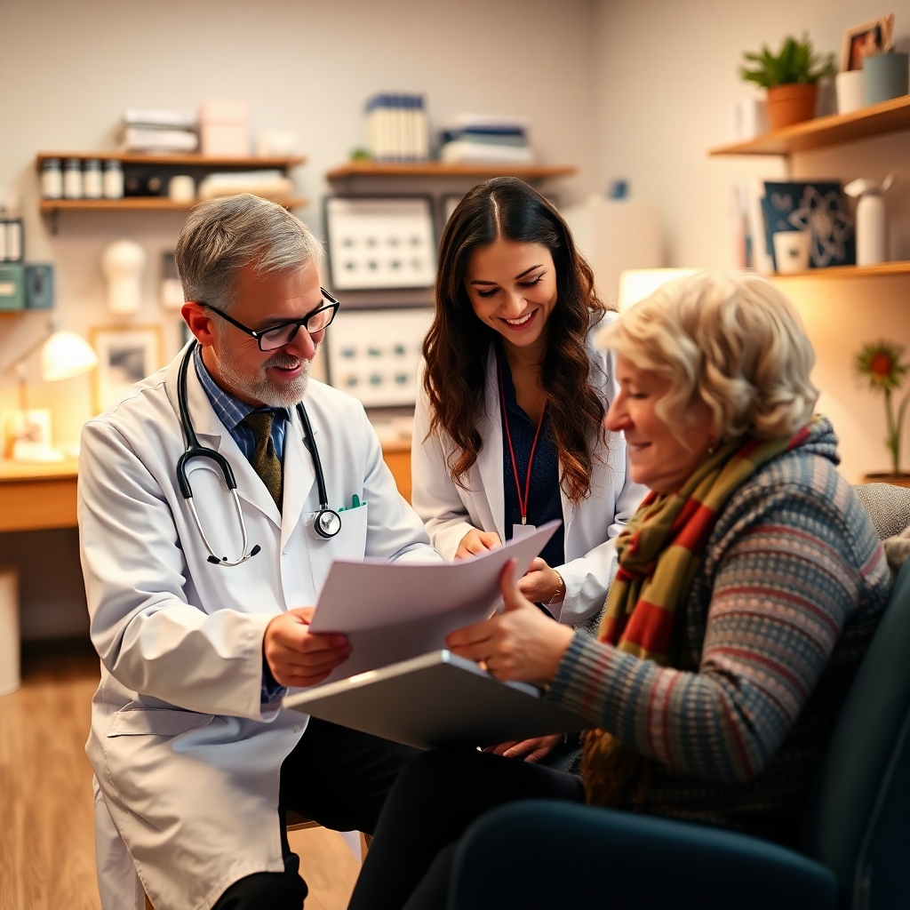 An inviting image of a doctor preparing a personalized treatment plan with a patient in a cozy clinical setting. The background shows a variety of medical resources and comforting design. Warm light enhances the friendly atmosphere. The angle captures the collaborative nature of treatment planning, highlighting the doctor’s engagement.