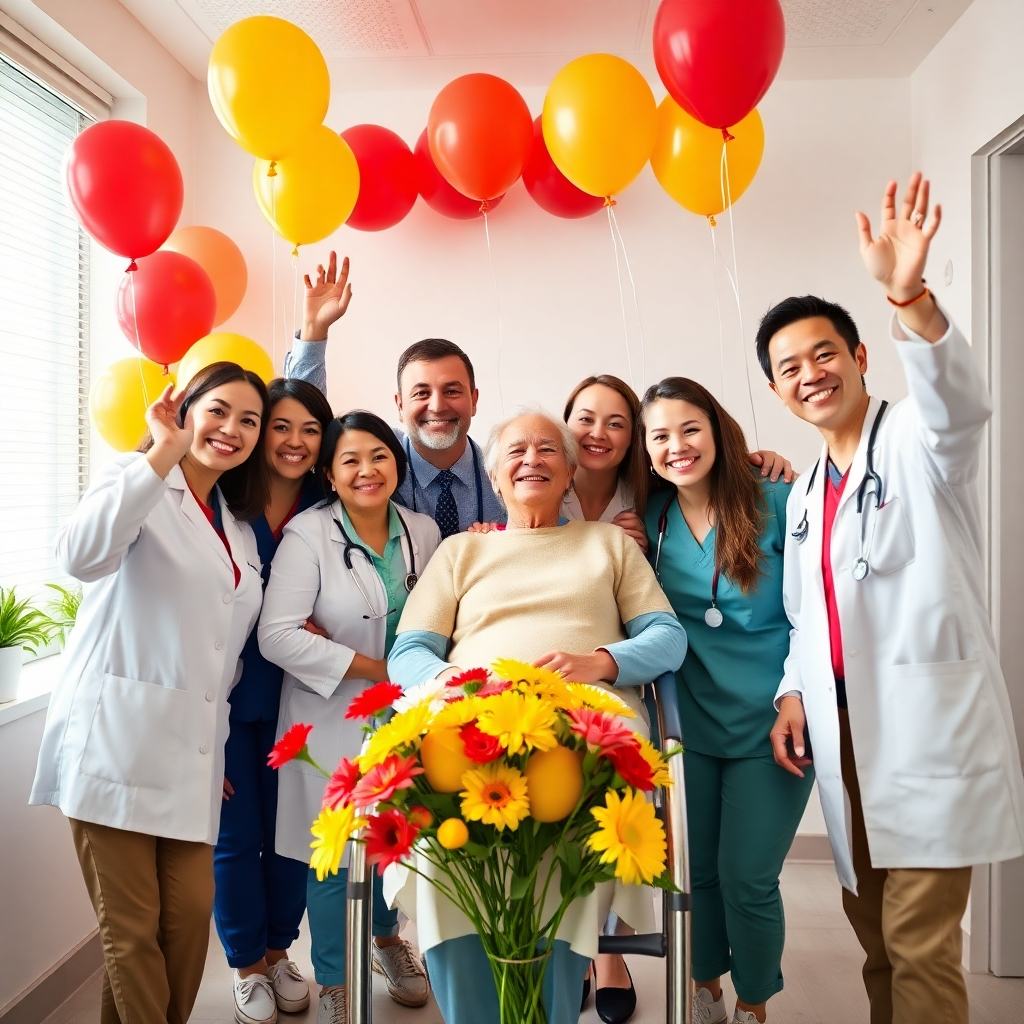 An uplifting image of a healthcare team celebrating a patient’s recovery. The setting is bright and cheerful with balloons and flowers, representing success and joy. Warm colors dominate, with reds and yellows enhancing the positive atmosphere. The camera captures the joyful faces of both patients and doctors.