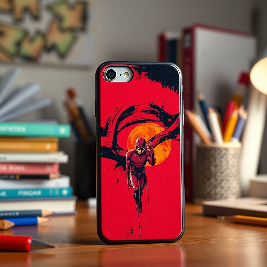 Create a bold image of an iPhone case with striking custom art or design on a desk adorned with personal items reflecting the owner's personality (like books, art supplies, etc.). The lighting should be bright but soft, creating an inviting workspace atmosphere. The case should take center stage, showcasing its individuality. Capture a cozy but stimulating environment, emphasizing a personal touch in a ultimately photorealistic quality.