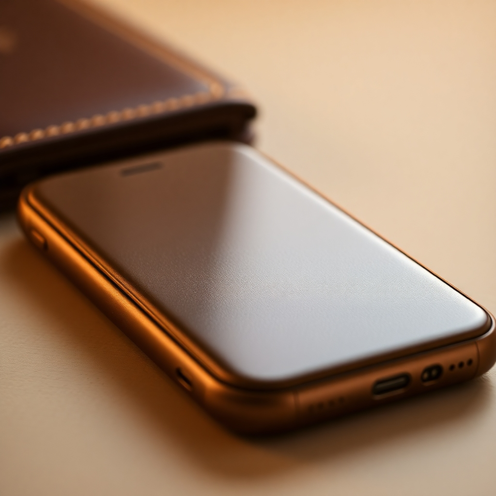Create a close-up image of an iPhone case made from high-quality materials like leather or silicone, emphasizing the texture and fine details. The lighting should be warm and highlight the craftsmanship of the case. The iPhone should be slightly inclined to reveal the front display, showing off its sleek design. Use a neutral background that complements the color of the case, ensuring a photorealistic representation that draws attention to the quality.